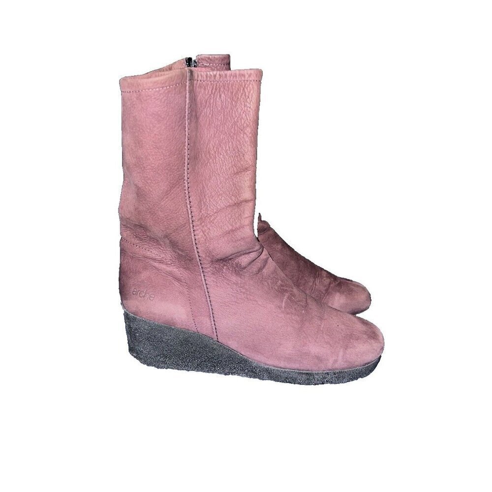 ARCHE LN Bradip Burgundy Nubuck Leather Wedge Ankle Boots Side Zipper